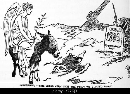 1929 - cartoon politico che riflette il déjà-vu elemento di trattative sul disarmo, che mostra la figura di pace su un asino Foto Stock