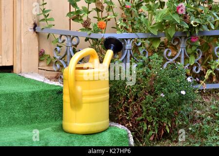 Giallo secchio di acqua sui gradini di pietra frontale cottage Foto Stock