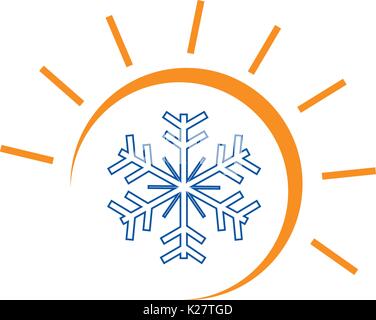 Sun e il simbolo del fiocco di neve illustrazione, calda e fredda, logo design simbolo, isolato su sfondo bianco. Illustrazione Vettoriale