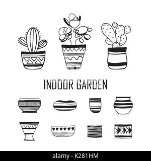 Insieme di piante e di vuoto dei POT del fiore . Vector scarabocchio. Illustrazione Vettoriale