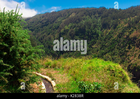 Uno splendido scenario dell'isola di Madeira mentre facendo una camminata di levada. Un'escursione che vi permette di prendere la più splendida natura fotografia Foto Stock