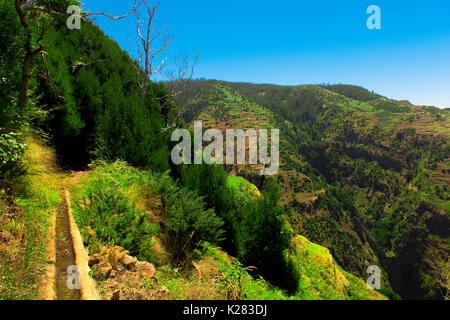 Uno splendido scenario dell'isola di Madeira mentre facendo una camminata di levada. Un'escursione che vi permette di prendere la più splendida natura fotografia Foto Stock