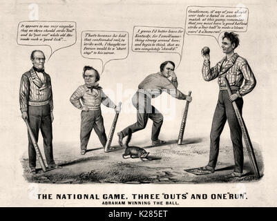 Il gioco nazionale. Tre "outs' e uno 'Esegui' - Cartoon politico, Settembre, 1860 - un pro-Lincoln satira settimane prima del 1860 elezioni presidenziali. Il concorso è raffigurato come un gioco di baseball in cui Lincoln ha sconfitto (da sinistra a destra) John Bell, Stephen A. Douglas e John C. Breckinridge. Lincoln (destra) sta con il suo piede sul "casa base", consigliando gli altri, "colleghi, se qualcuno di voi dovrebbe sempre tenere una mano in un altro match in questo gioco, ricorda che devi avere una buona bat" e trovare un giusto ball' per rendere un punteggio di pulizia' & un home run.'' il suo 'buona bat' è in realtà una rampa di legno la Foto Stock