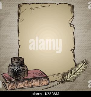 In piuma d oca , elegante in vecchio stile inkpot decorativo ,carta vecchia per iscrizione.vecchio libro. Sfondo vintage. Disegnata a mano vector Illustrazione Vettoriale