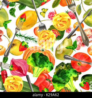 Modello senza giunture, cibo vegan acquarello e collage foto Foto Stock