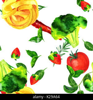 Modello senza giunture di acquerelli di cibo vegan disegni a tema Foto Stock