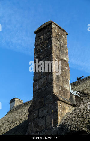 Camino di pannocchie e cottage in paglia a Dunsford ,Parco Nazionale di Dartmoor.Devon,edificio residenziale, bellezza, Cottage, Devon, rurale scena, tetto di paglia, Foto Stock