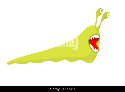 Slug isolato. Green Monster pesti di insetto. Worm parassita con denti Illustrazione Vettoriale