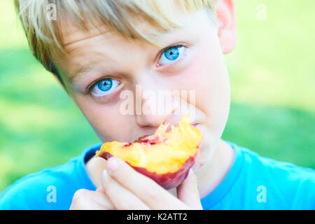 Ritratto di bambino ragazzo mangiare peach. bambino felice in sun giorno d'estate. il capretto con frutto nella natura dello sfondo. Foto Stock