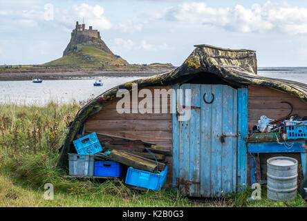 Close up di barche capovolta sull Isola Santa Lindisfarne, ex aringhe navi della flotta, ora convertito in capannoni, con castello in background Foto Stock