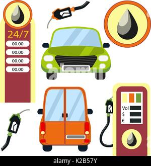 Auto e la stazione di gas set di elementi. Illustrazione Vettoriale