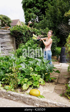 Giovane donna nel suo giardino riparto di fresco con ortaggi raccolti di granoturco dolce oro di rafano zucchine e barbabietola UK fotografia scattata da Simone da Foto Stock