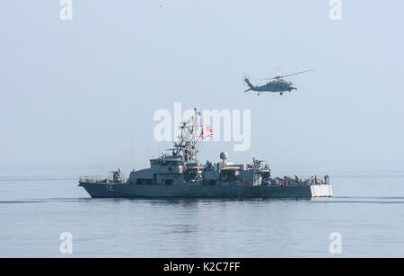 Gli Stati Uniti Navy ciclone-class pattugliamento costiero nave USS vapori Thunderbolt nel corso dell esercizio Spartan Kopis Agosto 9, 2017 nel Golfo Arabico. Foto Stock