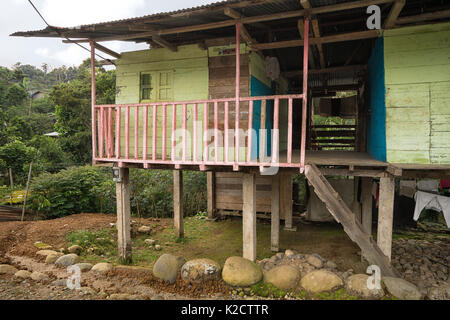 Giugno 8, 2017 Jondachi, Ecuador: asse di legno casa costruita su palafitte in area amazzonica Foto Stock