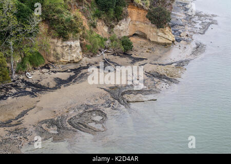 Vista aerea di linea costiera con rocce scure e barca a remi, off Porto di Tauranga, Tauranga, Baia di Planty, Nuova Zelanda, ottobre 2011. Foto Stock