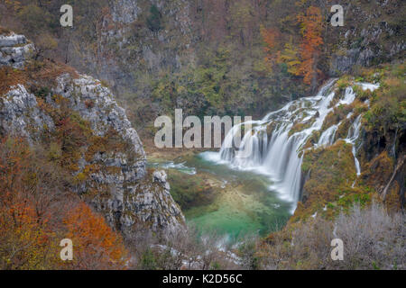 Serie di cascate noto come 'Sastavci' che la cascata tra i laghi di montagna, il Parco Nazionale dei Laghi di Plitvice, Croazia. Novembre. Foto Stock