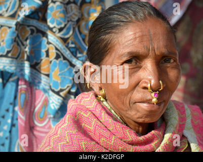 La donna indiana Adivasi (tribù Desia Kondh, tribù Kovi Kondh) con gioielli tribali al naso d'oro e gemme e orecchini d'oro sorride per la macchina fotografica. Foto Stock