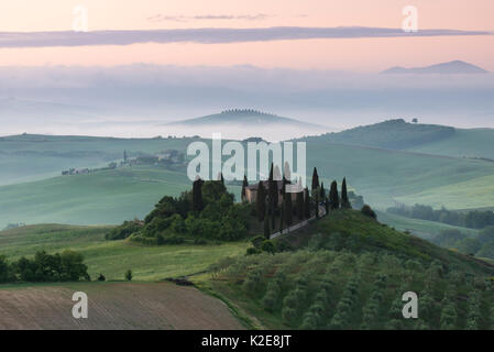 Podere Belvedere, singolo homestead, atmosfera di mattina con la nebbia, San Quirico d'Orcia, Val d'Orcia, Toscana, Italia Foto Stock