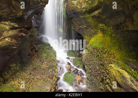 Cascata nelle zone costiere gorge, Isola di Eigg, Ebridi Interne, Scozia, aprile 2014. Foto Stock