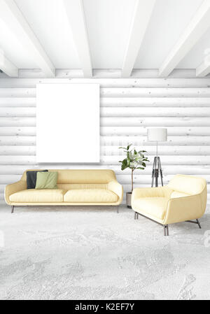 Camera da letto bianco Minimal moderno o in stile loft Interior Design con parete in legno e copyspace in un fotogramma vuoto. Il rendering 3D. 3D illustrazione Foto Stock