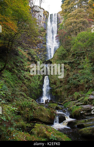 Pistyll Rhaeadr cascata che illustra la sezione superiore - vicino a Llanrhaeadr-ym-Mochnant, Powys, il Galles del Nord, Regno Unito, ottobre 2016. Foto Stock