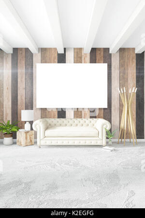 Camera da letto bianco minimal design interno con legno e muro copyspace in un fotogramma vuoto. Il rendering 3D. 3D'illustrazione. Foto Stock