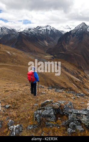 Escursionista ad esplorare le colline sopra Camp Jhangothang sulla giornata di riposo del Jhomolhari Trek. Il Bhutan, ottobre 2014. Modello rilasciato. Foto Stock