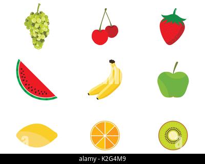 Set di frutti in un appartamento di stile. Frutti e bacche, agrumi. Icone su sfondo bianco. Illustrazione Vettoriale Illustrazione Vettoriale