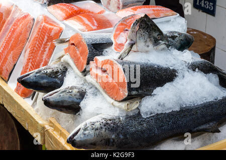 Salmone fresco su ghiaccio al mercato del pesce, la città di Ho Chi Minh (Saigon), Vietnam Foto Stock