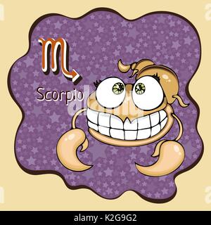 Segno zodiacale Scorpione cartoon, carattere astrologico, disegno a mano. Dipinto funny scorpione nel telaio sotto forma di una definizione astratta viola macchia di inchiostro con Illustrazione Vettoriale