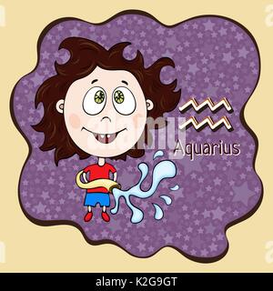 Segno zodiacale cartoon Aquarius, carattere astrologico, disegno a mano. Dipinto funny aquarius nel telaio sotto forma di una definizione astratta viola macchia di inchiostro wit Illustrazione Vettoriale