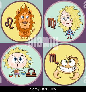 Impostare segno zodiacale cartoon, Leone, Vergine, Bilancia, Scorpione. Dipinto di divertenti personaggi astrologici e simboli in una cornice rotonda multicolore su backg colorati Illustrazione Vettoriale