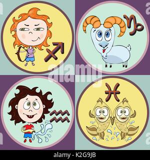 Impostare segno zodiacale cartoon, sagittario, capricorno, acquario e pesci. Dipinto di divertenti personaggi astrologici e simboli in una cornice rotonda su multicolore Illustrazione Vettoriale