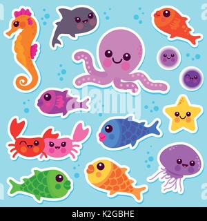 Collezione di adesivi estivi Sea Animals. Carino polpo sott'acqua, pesci, granchi, cavallucci marini. Illustrazione vettoriale Illustrazione Vettoriale