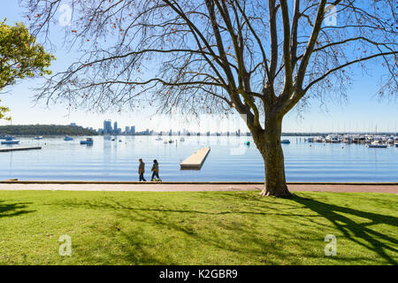 Giovane a piedi il loro cane lungo la foreshore del Matilda Bay riserva sul Fiume Swan a Crawley, Perth, Western Australia Foto Stock