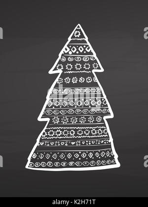 Albero di Natale design pattern sulla lavagna, vettore handdrawn sketch, pulire delinea, in stile vintage Blackboard. Foto Stock