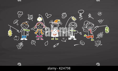 Kindergarten Kids con laterna sulla lavagna, vettore handdrawn sketch, pulire delinea, in stile vintage Blackboard. Foto Stock