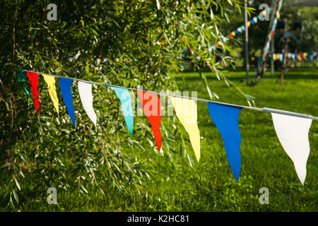 Rosso, bianco, blu, giallo, triangolo verde fiamme appeso a una fune nel parco contro il verde erba, fogliame degli alberi. Foto Stock