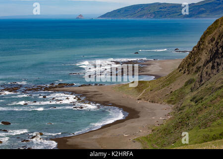 Vista aerea della spiaggia sabbiosa di seguito rivelata da bassa marea in Lost Coast California Foto Stock