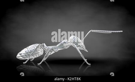 3D rendering di una formica riflettente al buio su un sfondo nero Foto Stock