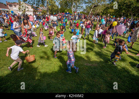 Multirazziale bambini che portano ceste sciame attraverso il prato di un parco in Costa Mesa, CA, ricerca di dispersi premi pasquali. Foto Stock