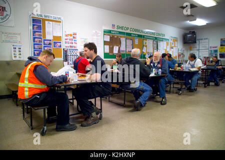 Indossare abiti da lavoro, manutenzione ferroviaria operai socializzare durante il pranzo presso una locomotiva cantiere di riparazione in Roseville, CA. Nota bulletin board. Foto Stock