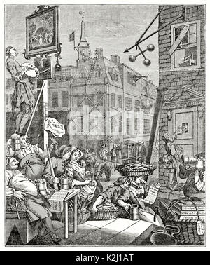 Vecchia incisa la riproduzione di una stampa dal titolo birra Street. Dopo Hogarth, pubblicato sulla rivista Penny, London, 1835 Foto Stock