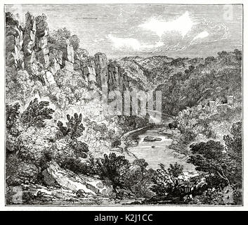 Vecchio vista di Coldwell rocce, lungo il fiume Wye, Galles. Da autore non identificato, pubblicato sulla rivista Penny, London, 1835 Foto Stock