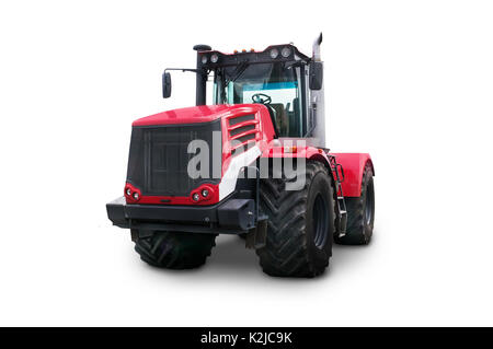 Nuova red trattore agricolo isolato su sfondo bianco con percorso di clipping. Semovente con ruote di grande diametro Foto Stock