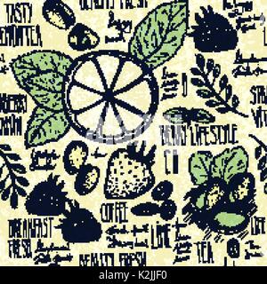 Disegnò la colazione perfetta sfondo con croissant, limone e frutti di bosco Illustrazione Vettoriale