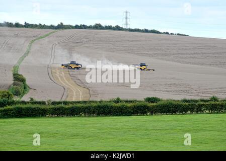 Trebbiatrici combinato lavora nel campo bianco sulla collina Kingsclere Hampshire REGNO UNITO Foto Stock