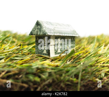 Origami di denaro a casa sull'erba. going green - origami cash house sull'erba. Foto Stock