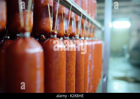 Salsiccia affumicata in smokehouse Foto Stock