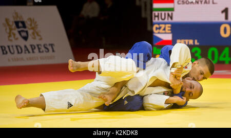 Budapest, Ungheria. 31 Agosto, 2017. Ceca Ivan judoka Petr (vestito blu) e judoka ungherese Laszlo Csoknyai in azione durante le otto finali della categoria di peso -81 kg gli uomini nel mondo Suzuki Judo Championships 2017 a Budapest, in Ungheria, il 31 agosto 2017. Credito: Vit Simanek/CTK foto/Alamy Live News Foto Stock